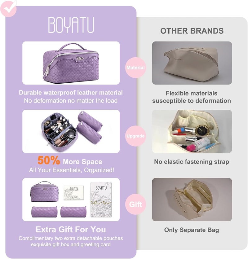BOYATU Travel Makeup Bag Cosmetic Bags for Women: Large Capacity 3 Pcs Set Make up Bag with Compartments - Waterproof Vegan Leather Toiletry Organizer Bags with Handle (L01 Purple) - Image 3